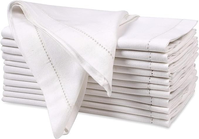 Cloth Dinner Napkins in Cotton Flax Fabric with Hemstitched & Tailored Mitered Corners - 18x18 Inches (Set of 12, White) Cotton Cloth Dinner Napkin, Wedding Napkins, Cocktails Napkins