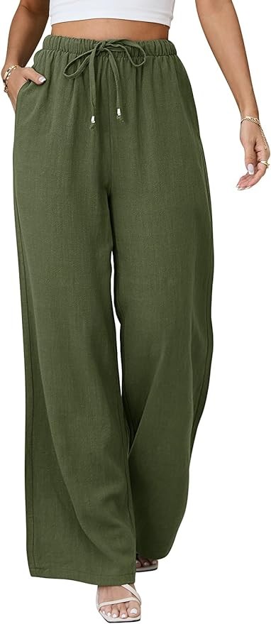 Jyanl Womens Linen Pants Casual Wide Leg Pants Summer Palazzo Pants Loose Flowy Beach Pants Drawstring Elastic Trousers