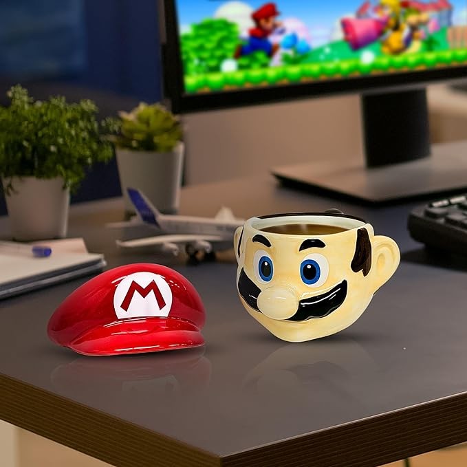 JVSupply Super Mario Ceramic Coffee Mug - Novelty Gift for Coffee Enthusiasts, Gamers, Fathers, for Cappuccino, Latte, Tea,14 Oz, Removable Cap