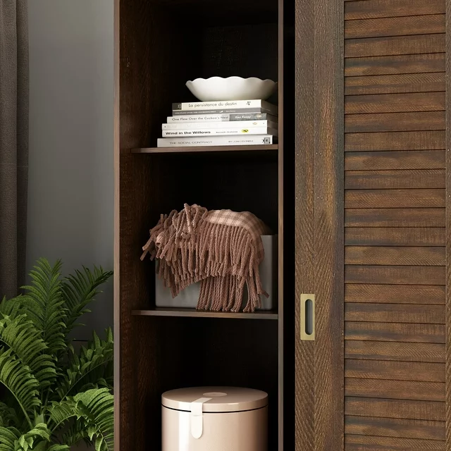Wardrobe with Sliding Door, Bedroom Armoires Closet Cabinet with Drawers and Hanging Rod