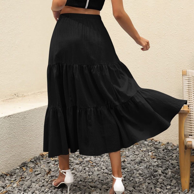 Women Boho Elastic Waist Pleated A-Line Flowy Swing Tiered Long Skirt Dress