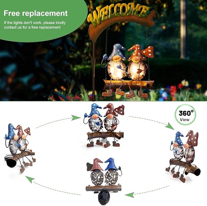 HONGLAND Solar Lights Outdoor Decor, Gnomes Swing Garden Decor, Funny Gifts for Women Mom, Gnomes Outdoor Decorations with Welcome Sign for Front Porch Patio