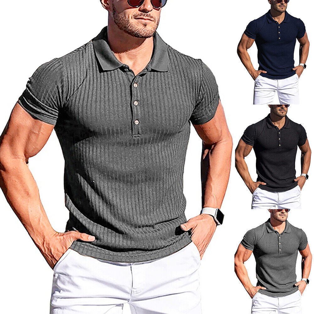 Men Short Sleeve Ribbed Muscle Polo Shirt Casual Slim Fit Stretch T-Shirt Top