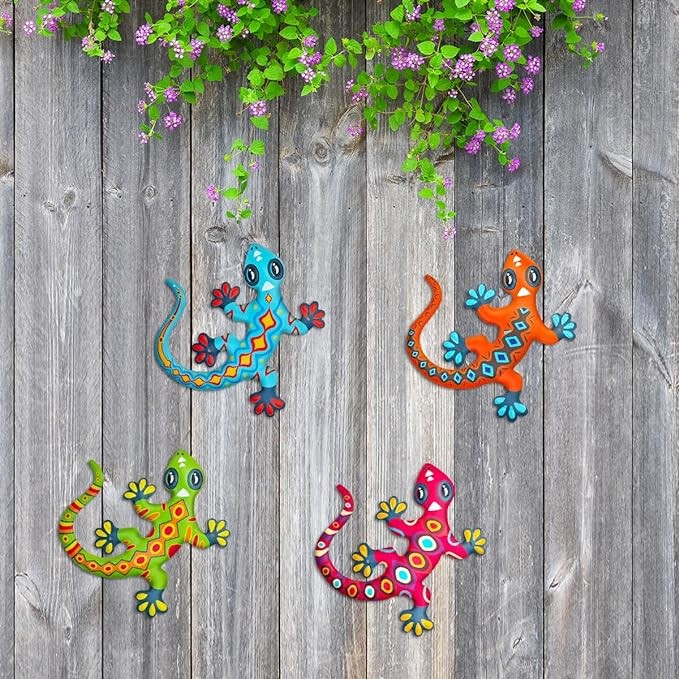 Kggetr Metal Gecko Wall Art Decor- Outdoor Lizards Hanging Decoration for Garden Yard Fence Patio Balcony,Gift for Mom Dad Friends(4 Pack)