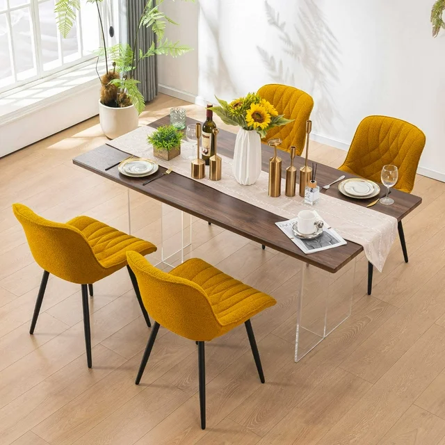 YOUNIKE Upholstered Dining Chairs Set of 2 Boucle Modern Dining Room Chair for Kitchen, Yellow