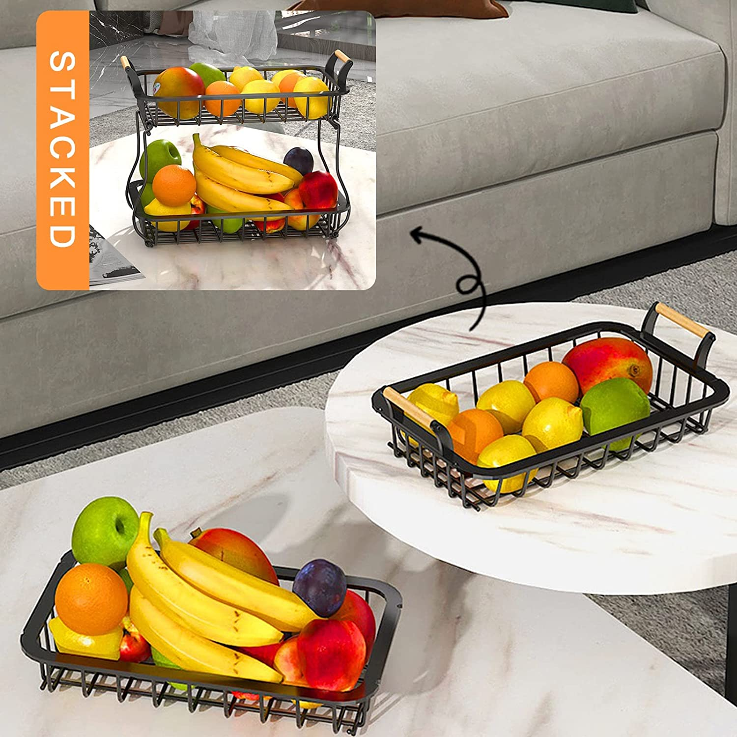2 Tier Fruit Storage Basket Countertop for Kitchen, Bread Vegetable Farmhouse Fr
