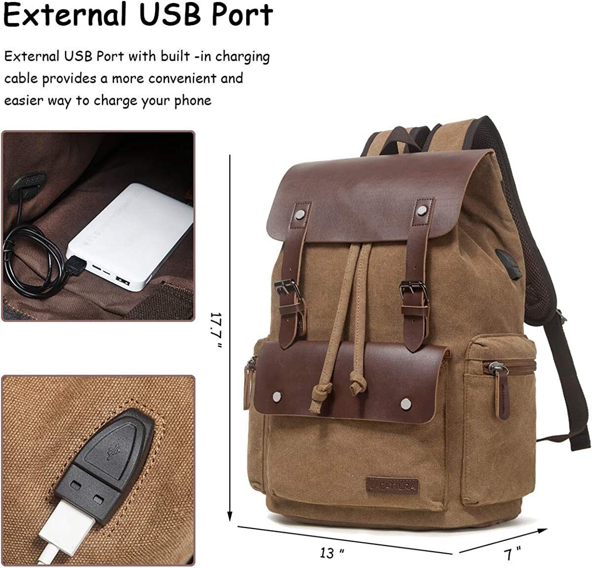 Men Vintage Leather School Travel Backpack Canvas Laptop Hiking Rucksack