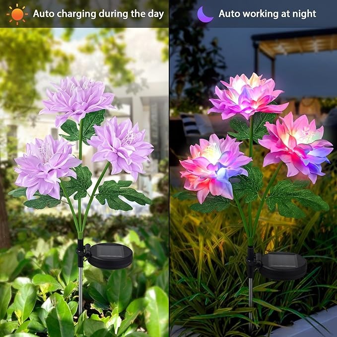 Ouddy Decor 4 Pack Solar Flowers Outdoor Waterproof, Solar Garden Lights with 12 Dahlia Flowers 42 Colorful LED Lights Solar Powered for Yard Fence Lawn Decor Mothers Day Gardening Gifts