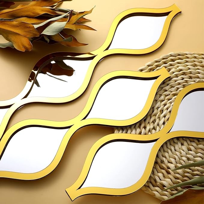 Yulejo 6 Pcs Acrylic Teardrop Mirror, Decorative Narrow Wall Decor Boho Vintage Wall Decals Art for Apartment Home Living Room Bathroom Bedroom Hallway (Gold Edge)