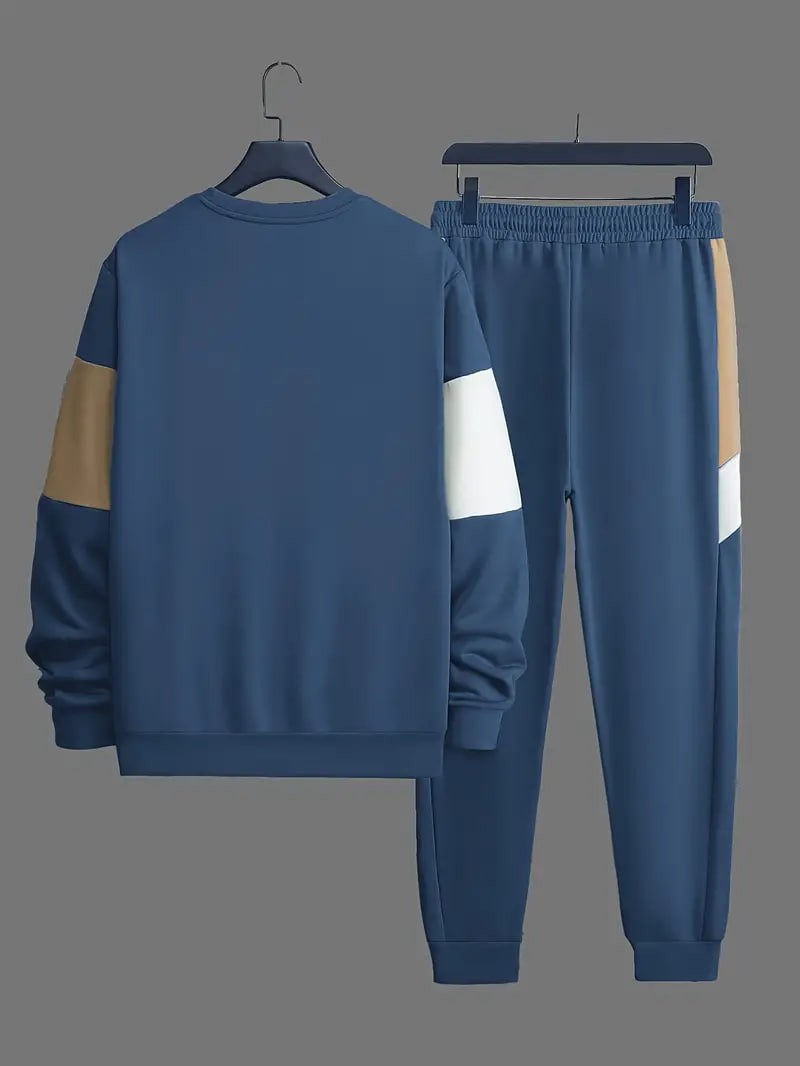 Plus Size Men's "Simple" Print Sweatshirt & Sweatpants Set For Autumn/winter, Contrast Color 2Pcs Outfits For Sports/outdoor, Men's Clothing