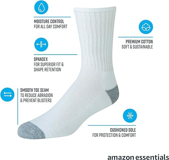 Amazon Essentials Men's Cotton Half Cushioned Crew Socks, 10 Pairs
