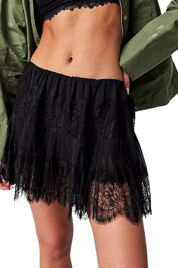 Women Y2k Lace Mini Skirt Low Rise Pleated Ruffle Half Slip Skirt Layered Flowy Short Skirt Streetwear