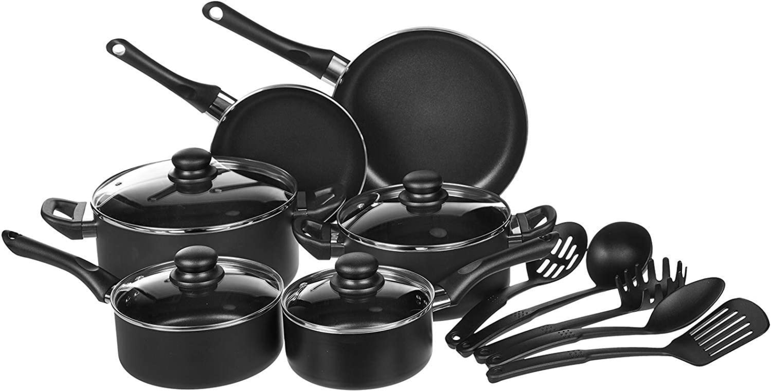 15-PIECE NON-STICK COOKWARE SET Home Kitchen Cooking Pots Pans Utensils Black US