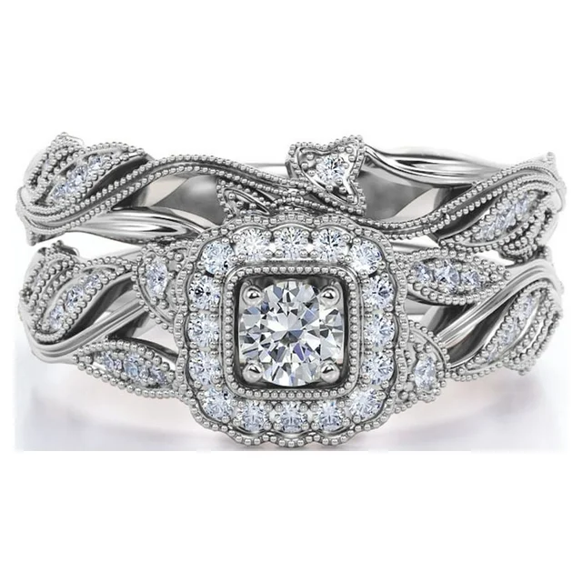JeenMata Antique - Round Diamond - Edwardian Diamond Filigree Ring - Art Deco Style - Wedding Ring Set in 10K White Gold