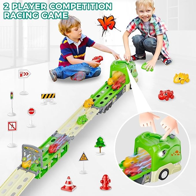 Funwee Dinosaur Truck Toys for 2 3 4 5 6 7 Year Old Boy Toddler, Foldable Track & 2 Player Race Mode, Light & Sound Transport Carrier W/ 6 Dino Car & 12 Road Sign, Birthday Gift Idea for Kids Girls