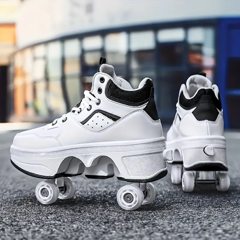 Boy's Trendy High Top Roller Shoes With 4 Detachable Wheels, Comfy Lace Up Casual Skate Sneakers