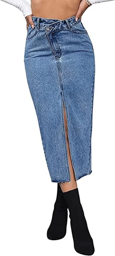 ELSTAROA Women's Casual High Waisted Solid Button Up Denim Jean Skirt