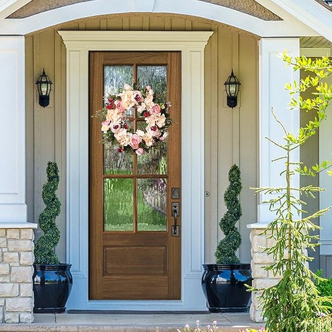 Peony Spring Wreath for Front Door, Handmade Pink Floral Door Wreath Artificial Spring Garland Wreath for Front Door Wall Wedding Party Home Deco