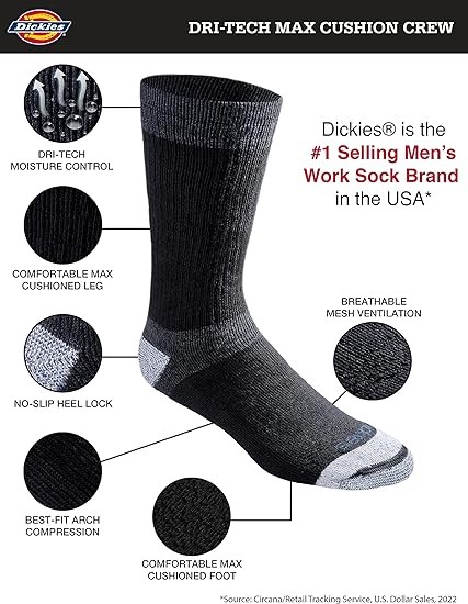Dickies Men's Dri-tech Moisture Control Max Full Cushion Crew Socks Multipack