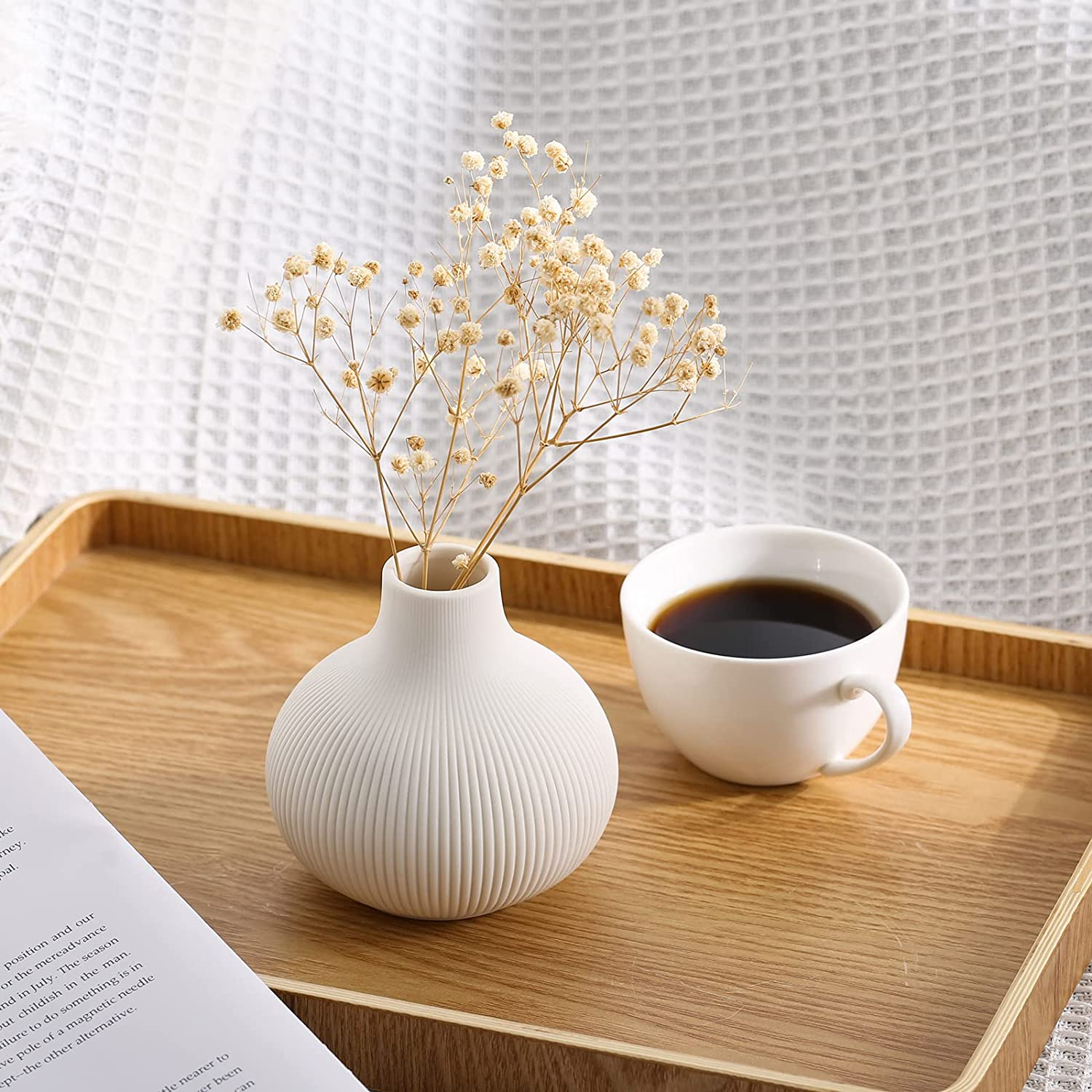 White Ceramic Vase Set of 3,Small Ribbed Vases for Rustic Home Decor,Modern Mini