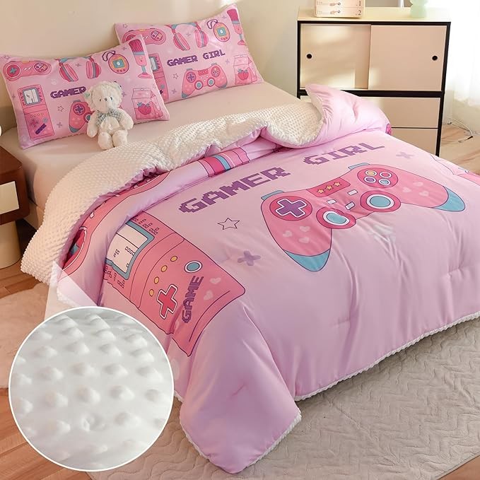 Cyusri Video Game Twin Size Comforter Set for Girls Kids Teens 3D Gaming Controller Pattern Gamepad Print Bedding Set- 3 Piece Pink Quilt with 2 Pillowcases (68"x90")