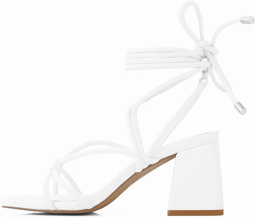 Shoe'N Tale Lace Up Heels for Women Ankle Strappy Gladiator High Heeled Sandals Chunky Block Heel Square Open Toe Criss Cross Dress Shoes