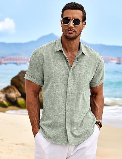 COOFANDY Men's Linen Shirts Short Sleeve Casual Shirts Button Down Shirt for Men Beach Summer Wedding Shirt