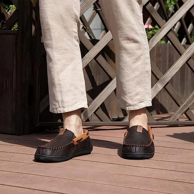 Zizor Men's Microsuede Moccasin Slippers with Comfy Memory Foam, Closed Back House Shoes Indoor Outdoor