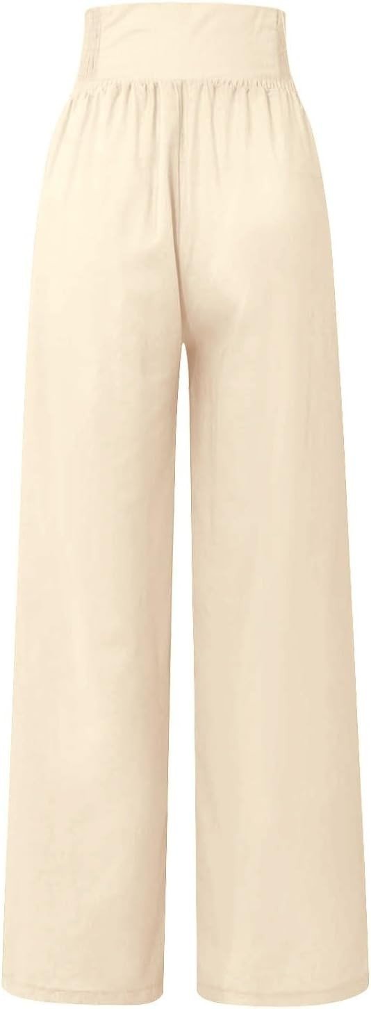 chaktkglok Linen Pants Women Comfy Flowy Wide Leg Pants Trousers Summer High Waisted Beach Palazzo Pants with Pockets 2024