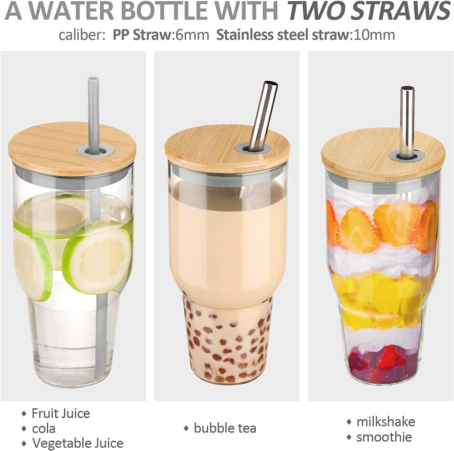 32oz Glass Tumbler with Straw and Lid, Reusable Boba Smoothie Cup (Gray)
