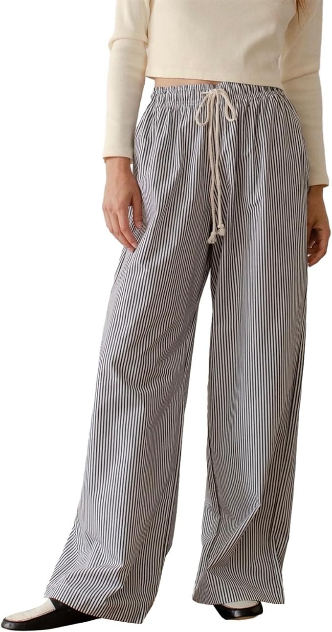 Muineobuka Women Y2k Striped Pants Wide Leg Stripes Print Lounge Pants High Waist Drawstring Striped Pajama Pants Trousers