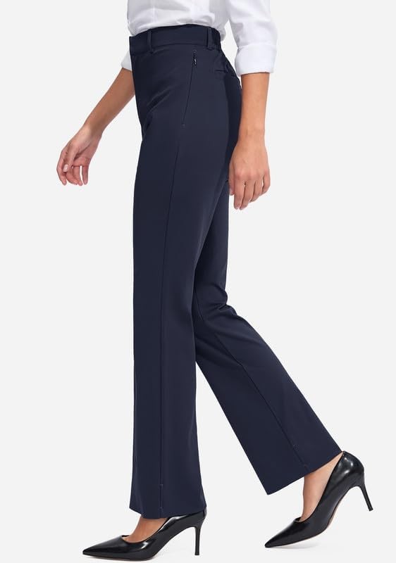 Rammus Womens Straight Leg Casual Pants with Zipper Pockets Stretch Dress Work Pants for Women Business Office Slacks
