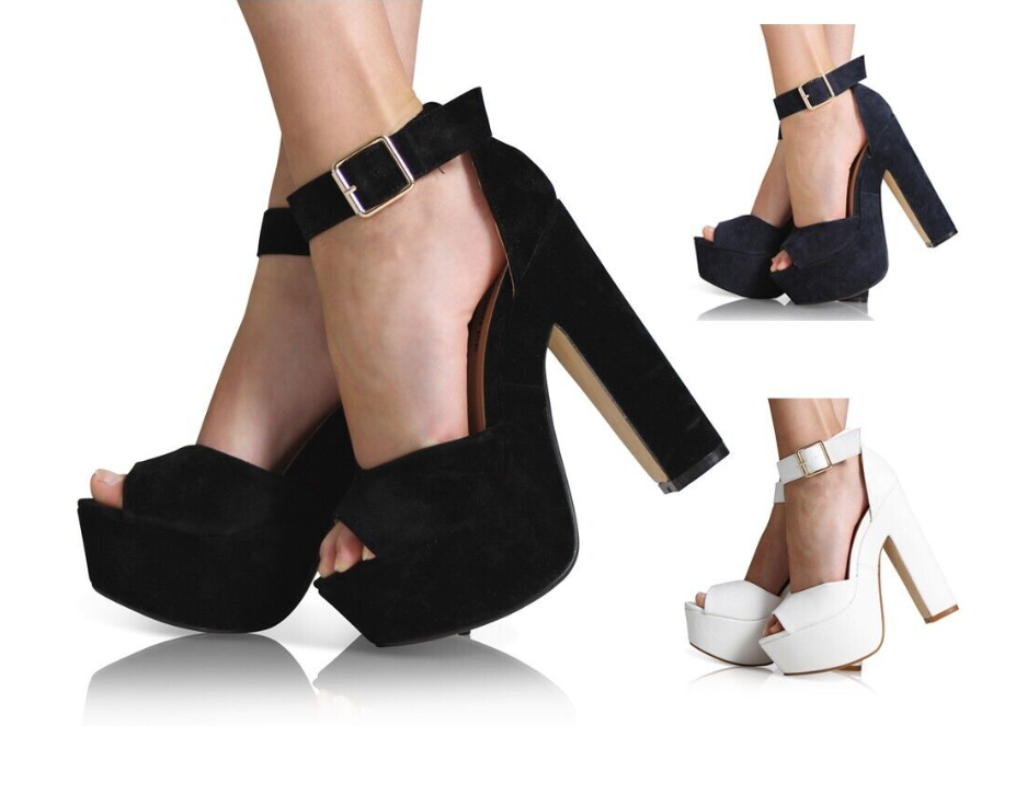 Womens Platform Chunky Heels Sandals Ladies Ankle Buckle Strap Peep Toe Shoes
