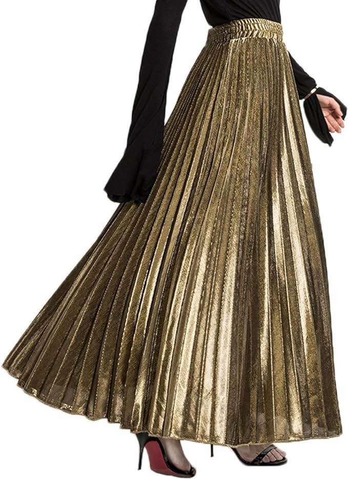 CHARTOU Women's Premium Metallic Shiny Shimmer Accordion Pleated Long Maxi Skirt