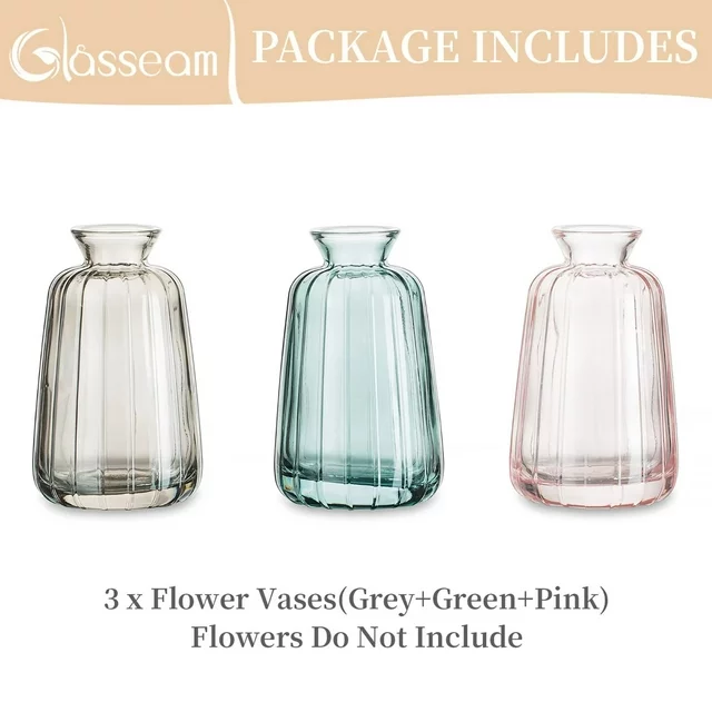 Glasseam Small Glass Bud Vase 4.52"Colorful Cute Ribbed Vases for Flowers Set of 3 (Pink+Grey+Green)