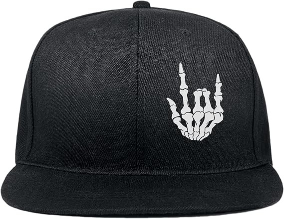 Gaming Hats Snapback Hats for Men Flat Bill Black Custom Snap Backpack Hat for Men Baseball Cap Flat Brim Cool Mens Snapback Hats Skeleton Skull Finger Fitted Gorras para Hombres Originales