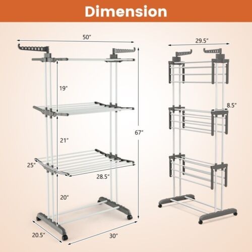 4 Tier Clothes Drying Rack Collapsible Shelves Laundry Hanger W/ Two Side Wings