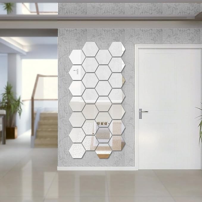 Mirror Wall Stickers, 12PCS Hexagon Mirror Art DIY Home Decorative Hexagonal Acrylic Wall Sheet Plastic Tiles Home Living Room Bedroom Sofa TV Background Wall Decal Decoration (Silver)