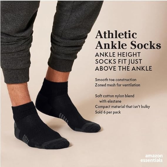 Amazon Essentials Men's Performance Cotton Cushioned Athletic Ankle Socks, 6 Pairs