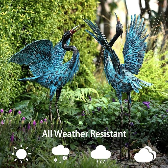 Natelf Garden Crane Sculptures & Statues, Blue Heron Decor Outdoor Large Bird Yard Art, Standing Metal Heron Lawn Ornaments for Home Patio Porch Backyard Decorations(Set of 2)