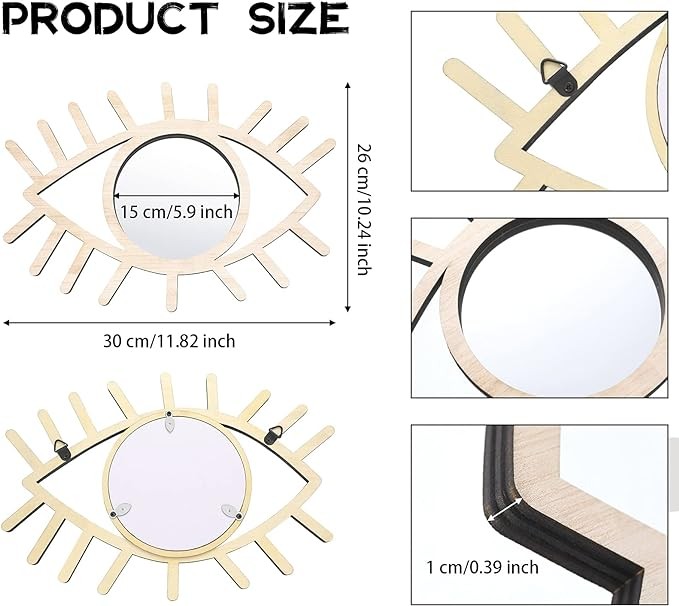 Wesiti Wood Boho Eye Mirror Eye Shape Wall Decoration Funky Rattan Mirror Artistic Decorative Moon Eye Mirror Handmade Evil Eye Wall Art for Living Room Bedroom