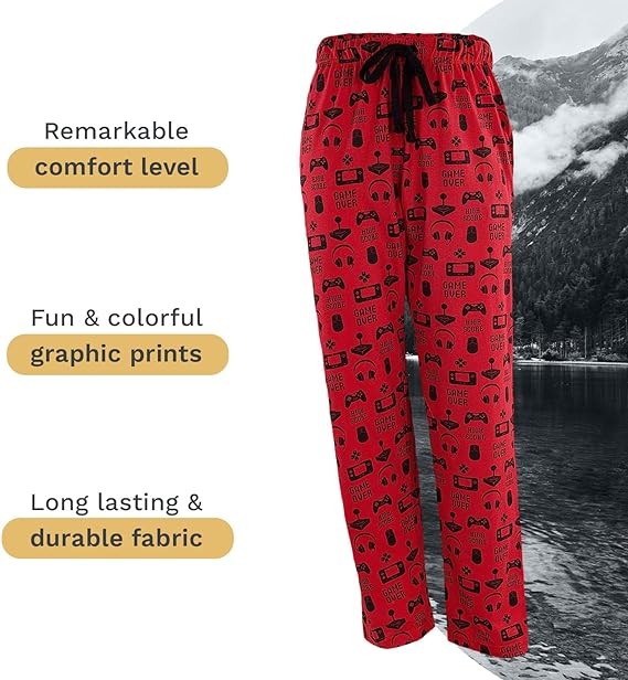 Mooselander Mens Lounge Comfy PJ Pants, Fun Prints, Lightweight Jersey Fabric, Elastic Waistband, and Convenient Side Pockets