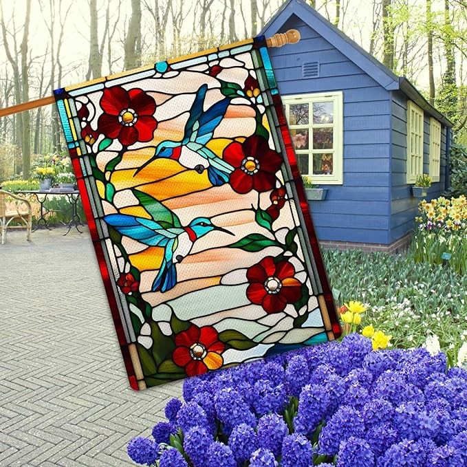 Jauageon Spring Summer Hummingbird Garden Flag Glass Style Vertical Double Sided Rustic Farmland Burlap Yard Lawn Outdoor Decor 28x40"