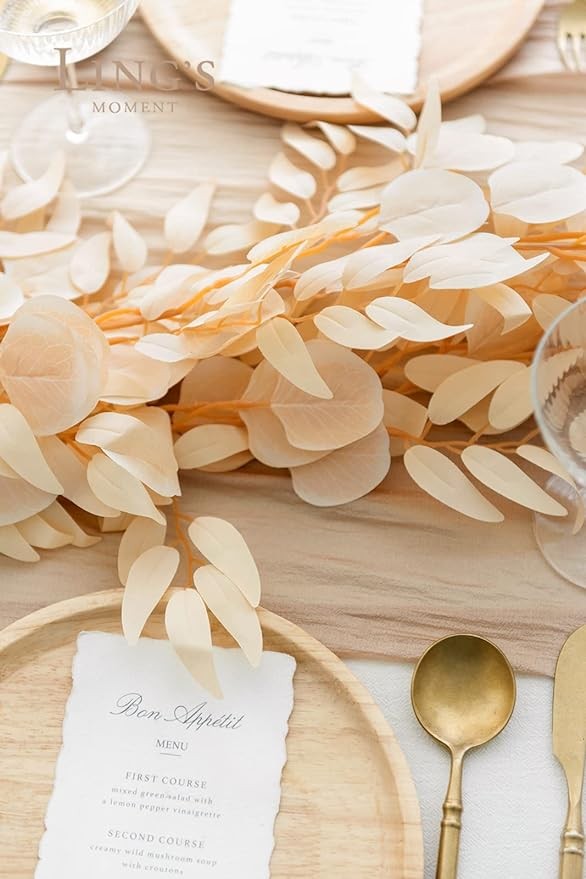 Ling's Moment Eucalyptus Garland for Table, 5.9ft Beige Fake Eucalyptus Wreaths with Willow, 2pcs Real Touch Leaf Garland for Wedding Centerpieces Arch Rehearsal Dinner Bridal Shower