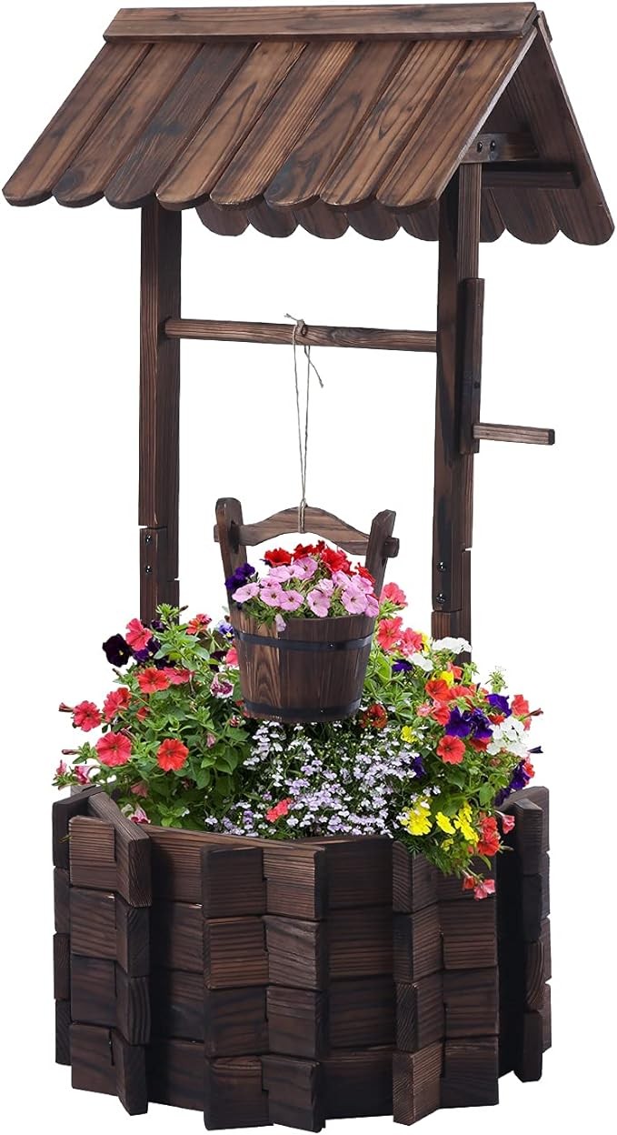 Notume Wooden Wishing Wells for Outdoors with Hanging Bucket, Wishing Well Planters Rustic Style Patio Garden Ornamental, Brown