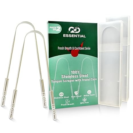 QD Essential Stainless Steel Tongue Scraper for Adults with Travel Case (2 Pack) – Stainless Steel Cleaner for Daily Hygiene, Reduce Bad Breath – Oral Care Travel Essentials, Metal Tongue Scraper