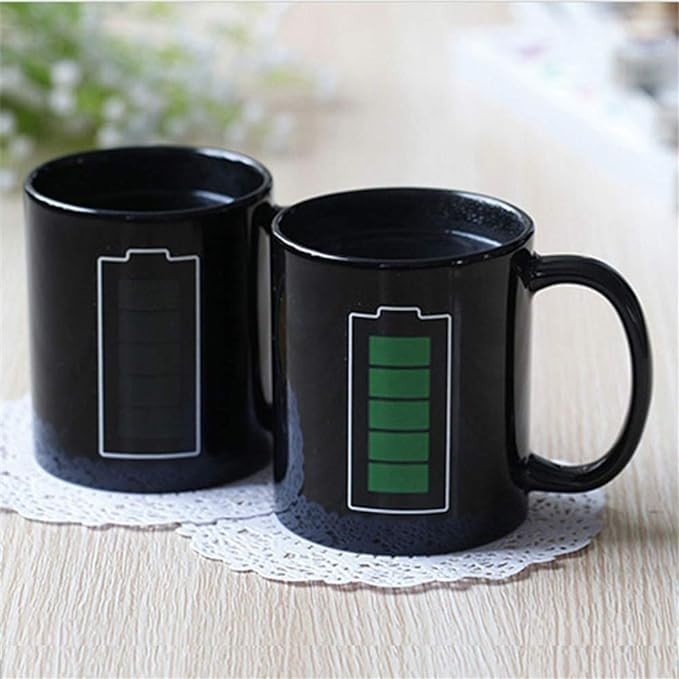 Nofinis Heat Changing Sensitive Mug - Cool Coffee & Tea Magic Color Change Cup Battery Meter Charging Design Ceramic Mug Gift Idea for Mom Dad Women & Men