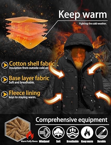 TACVASEN Men's Winter Jacket Cotton Military Jackets Fleece Lined Thick Work Coats Warm Cargo Jackets with Hooded