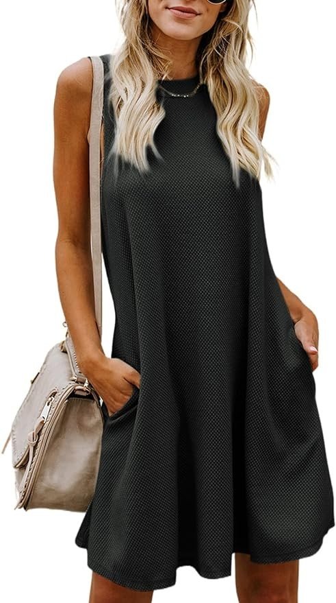 Dokotoo Womens 2023 Summer Dress Sleeveless Crew Neck Mini Tank Dress Short Flowy Sundress with Pockets
