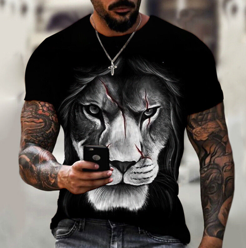 Men's Lion Print T-shirt Loose Casual Short Sleeve Thin Fit Street T Shirt Tops
